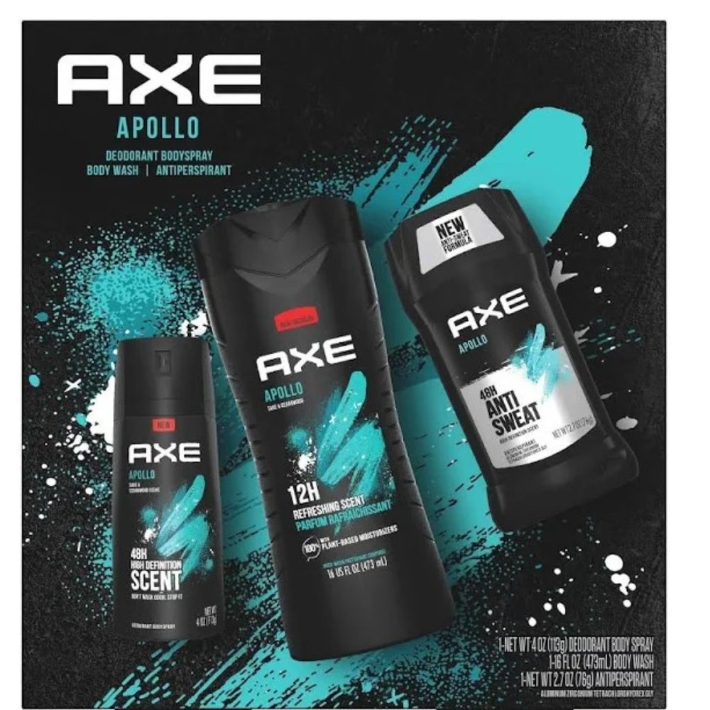 Mens AXE APOLLO 3 pc Gift Set-- Deodorant Body Wash Antiperspirant NIB
